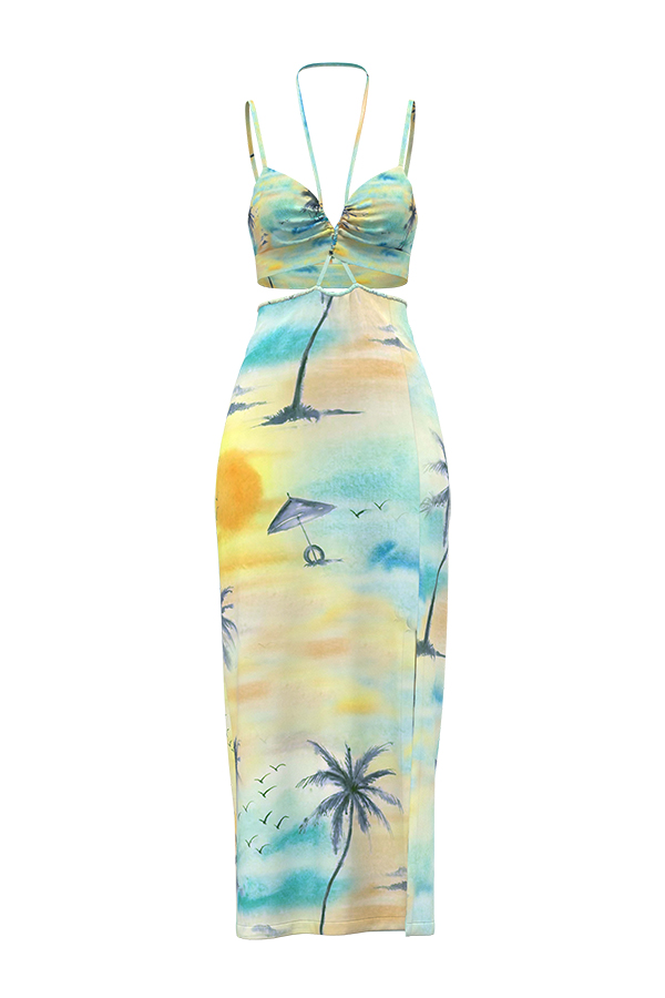 Beach Summer Printed Hollow Out Slit Bodycon Halter Cami Slip Dress Women