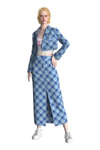 Plaid Crop Blazers And Midi Straight Skirt Two Piece Match Set Woman