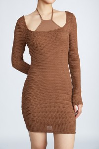 Khaki Long Sleeve Elegant Bodycon Textured Halter Mini Dress Women