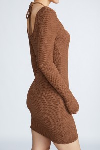 Khaki Long Sleeve Elegant Bodycon Textured Halter Mini Dress Women