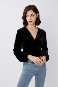 Hot New Products Women′ S Velvet V-Neck Long Sleeve Tops Elegant Velvet Ladies Shirt