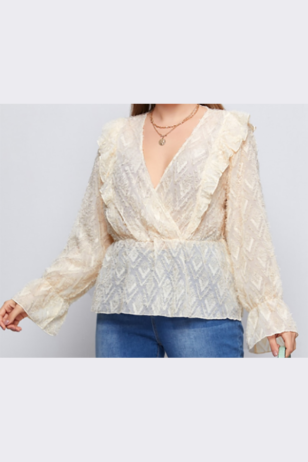 Buy High Quality Elegant Plus Size Clothing Factories –  Ruffle Sheer Plus Size Peplum Long Sleeve Woman Tops – TAIFENG