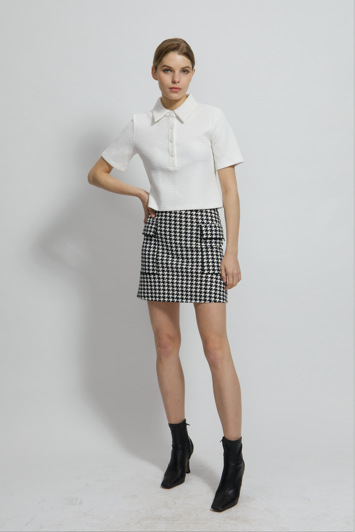 China wholesale Skirt Suppliers –  Houndstooth Plaid Pockets Mini Wrap Pencil Skirt – TAIFENG