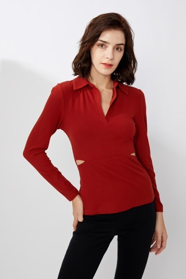 Buy High Quality Summer Tops With Sleeves Suppliers –  Rib Hollow Out Stretch Bodycon Polo Top – TAIFENG