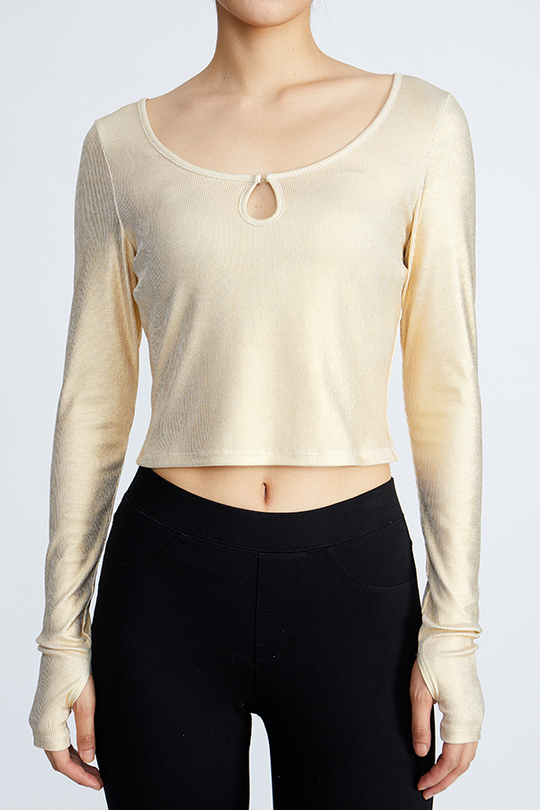 Beige Tight Scoop Neck Hollow Out Sexy Long Sleeve Women’s Crop Top