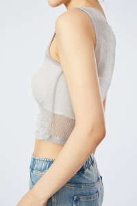 Sheer Metallic Yarn Mesh Knitted Vest Sexy Women’s Crop Tank Tops