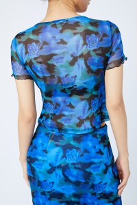 Mesh Hollow Out T Shirt Women Floral Printed Elegant Corset Crop Top