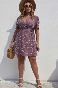 Plus Size Women′s Bohemian Floral Printed Short Sleeve Beach Polka Dot  Dress