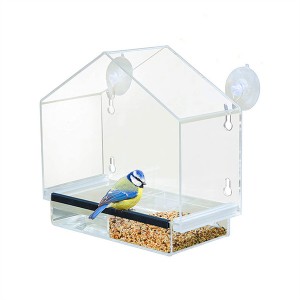 Bird Feeder with Cups and 2-Sectioned Removable Seed Tray with Drain Holes Outdoor Acrylic Bird Feeder with Weatherproof