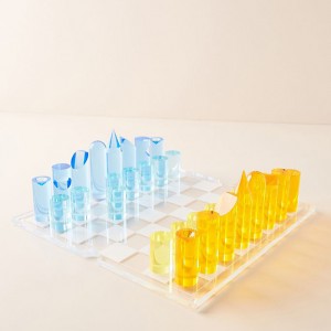 Transparent Acrylic Gameboard and 32 Chess Pieces Plexiglass Gift Block