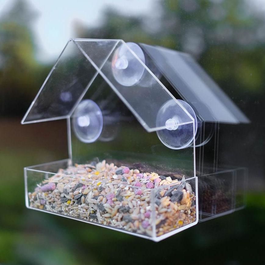 perspex plastic bird feeder with removable sliding tray drain holes