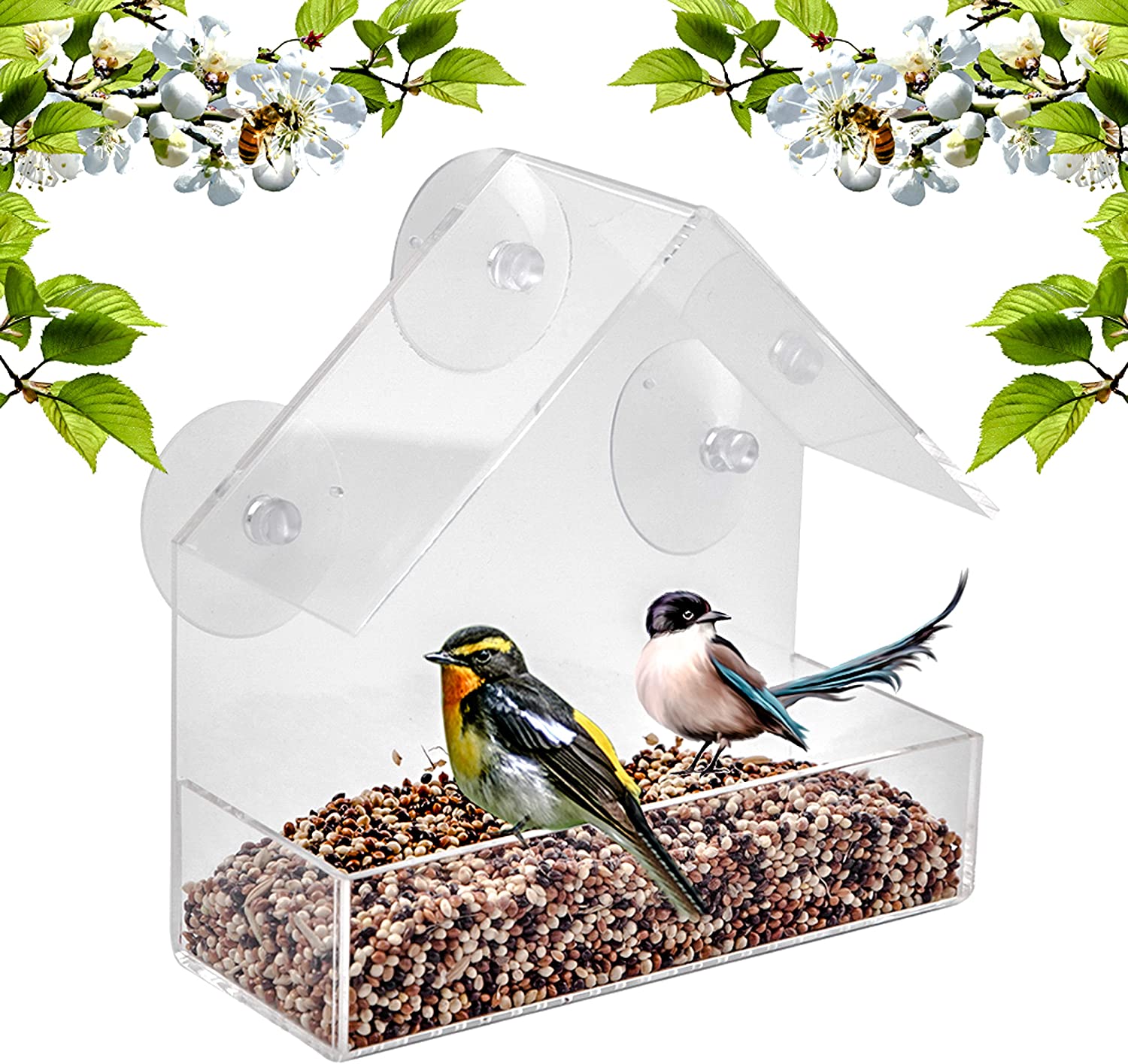 Window Bird Feeder Decorate House with Birds Clear Acrylic Plastic with 3 Strong Extra Suction Cups Includ idea for Nature Lover