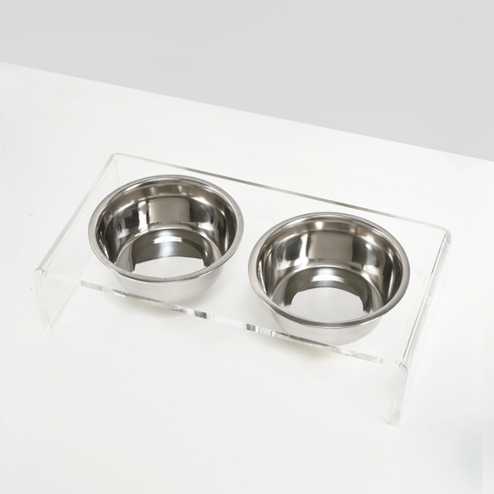 Clear Acrylic Double Bowl Pet Feeder Plexiglass Pet Bowl Storage Tray