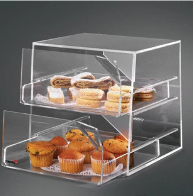 custom wholesale hot food cake pizza buffet table front open bakery tray cabinet box Acrylic bakery bread display case