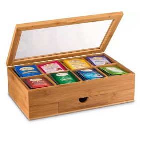 8 Compartments Tea Bag Organizer Transparent Lid Bamboo Box