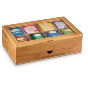 8 přihrádek organizér na čajové sáčky Bambusová krabička s průhledným víkem