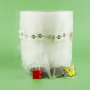 Biologicky odbúrateľný tepelne tesniaci PLA Trojuholník z kukuričného vlákna Čajové vrecúško s filtračným papierom Model: FTB-003