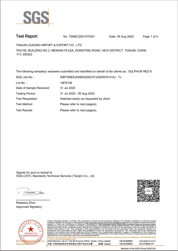 SGS certification ng ZDH Sulfur Bordeaux 3B