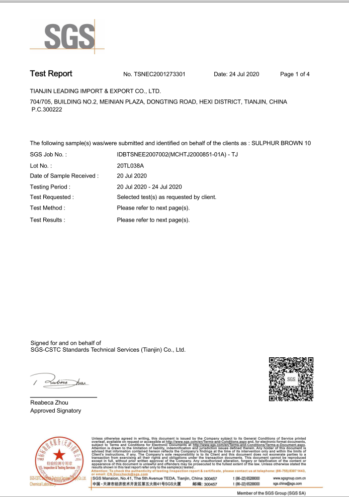 Certificare SGS a ZDH Sulphur Yellow Brown 5G
