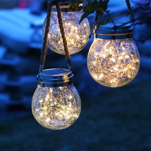 Waterproof Patio Garden Lanterns Wedding Hanging Solar Mason Jar Lights, Warm Crack Glass Bottle Solar Jar Light