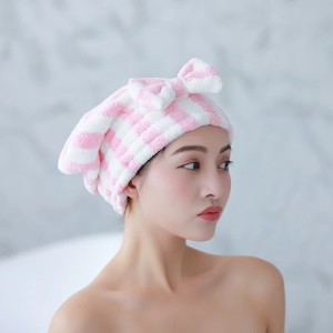 شاور کیپ خواتین کے لیے دھاری دار پیٹرن سپر جاذب غسل کے لوازمات Bowknot Dry Hair Towel Quick-Drying Hair Cap HT5
