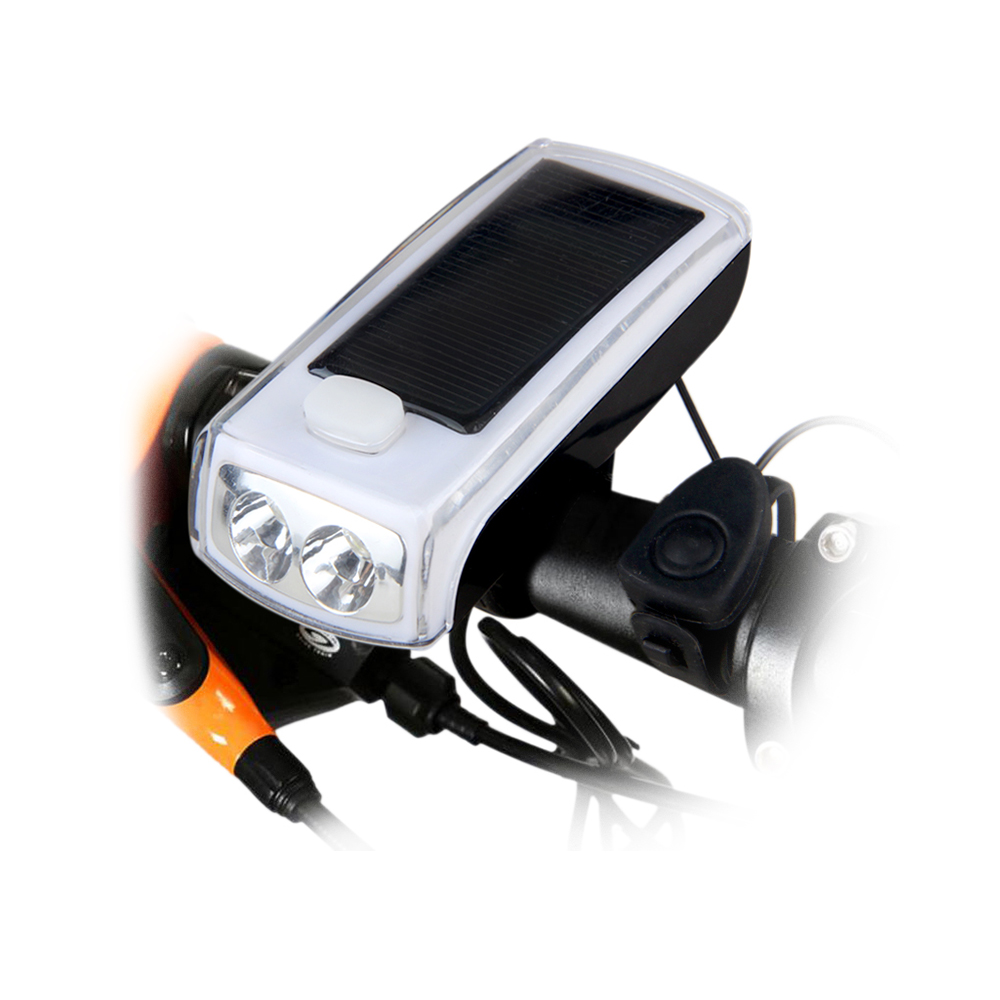 MTB ველოსიპედის ფარები 1200 ლუმენი USB მრავალჯერადი დამუხტვადი 4 LED სახელური მზის ენერგიის 120DB დინამიკი Horn Torch ველოსიპედის წინა შუქი დინამო B16