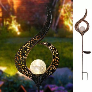 Solar Powered Outdoor Pathway Decorative Yard Crackle Glass Ball Garden Hollow-carved Metal Solar Stake Lights