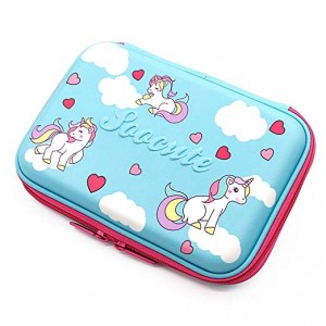 Cute Unicorn Blue Pencil Case School Girls Toddler Hardtop Pencil Pouch Pen Box with Compartment for Kids