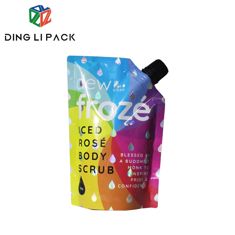 Wholesale OEM Plastic Bag Printing Factories –  Custom printed hologram beauty spout pouch with black nozzle for body scrub, body wash, hand lotion – Dingli