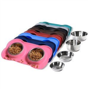 2 Stainless Steel Pet Dog Bowl na walang Spill Non-Skid Silicone Mat