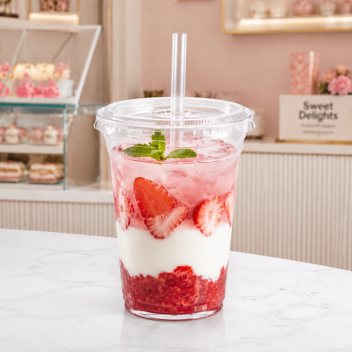Custom Printed Clear rPET Fruit Tea Cups With Dome Lids For Summer Beverage Shop