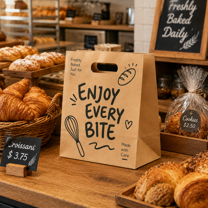 Branded Die Cut Handle Kraft Paper Bag In Artisan Bakery Shop