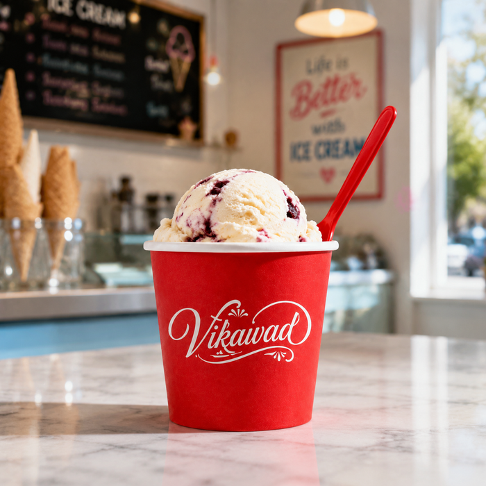 Filled Custom Printed Red Paper Ice Cream Cup With Berry Ice Cream Scoop In Ice Cream Parlor