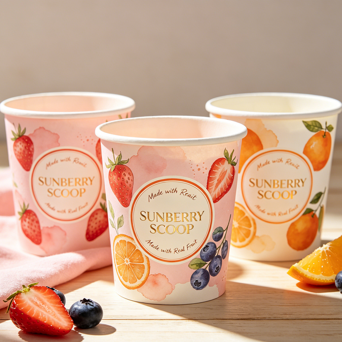 Custom Watercolor Printed Gelato Paper Cups With Fresh Strawberry Citrus Berries Table Display