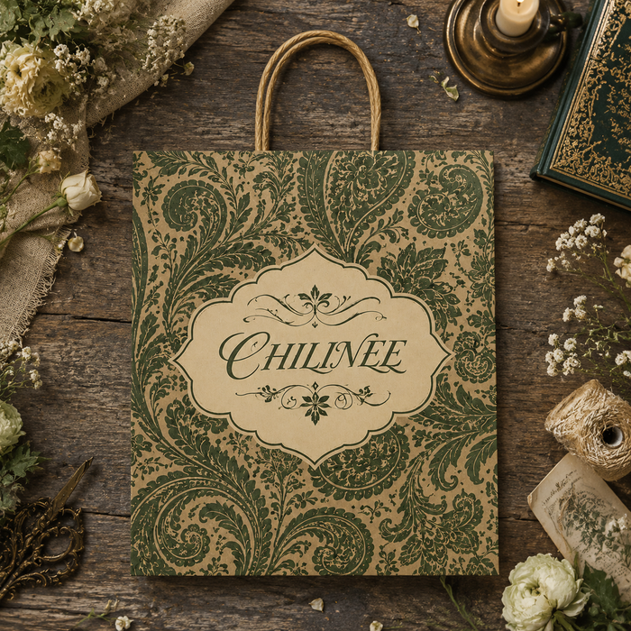 Vintage Dark Green Paisley Custom Logo CHILINEE Kraft Gift Bag Flat Lay on Rustic Wood Floral Decor Wholesale Packaging