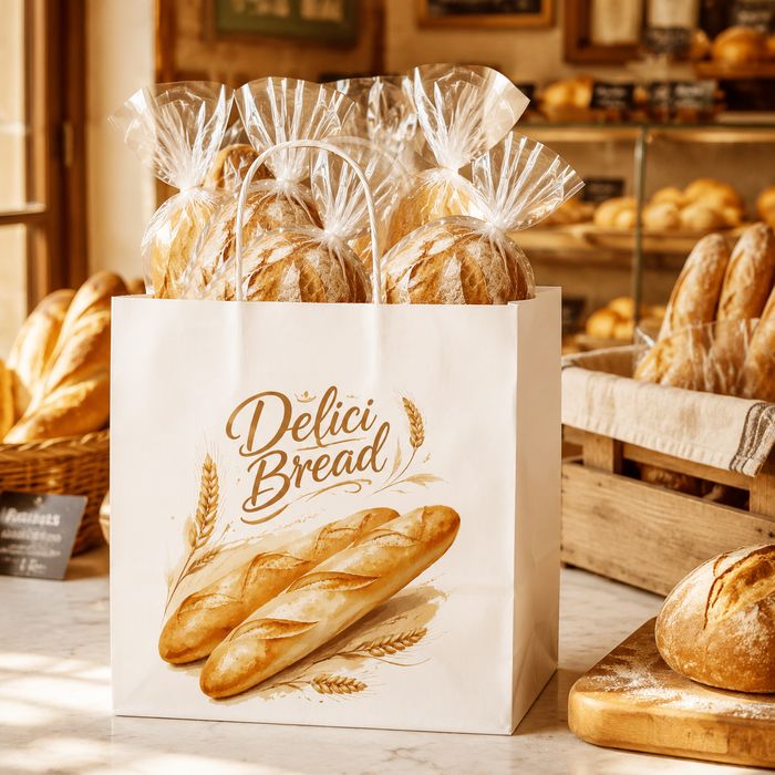 Branded White Custom Bakery Paper Bag In Artisan Bread Shop