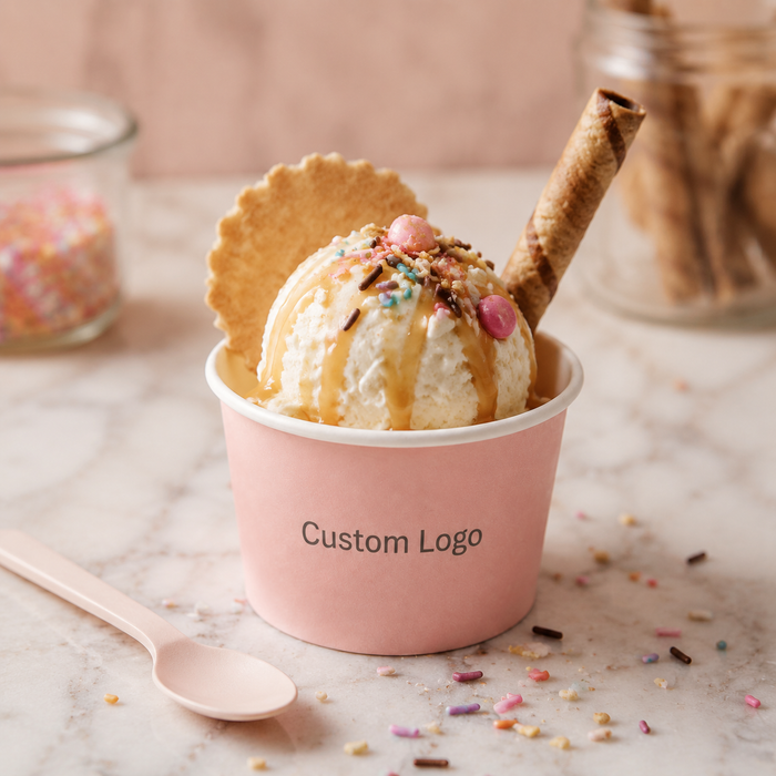 Custom Pink Biodegradable Paper Ice Cream Tub With Toppings Wholesale Disposable Frozen Yogurt Cup For Dessert Shop