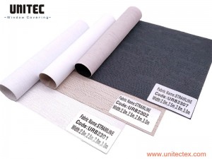 Blackout roller blinds အထည် URB23 စီးရီး- 100% Polyester Jacquard ရက်ကန်းဖြင့် Acrylic Foam Coating