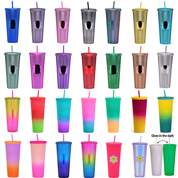 USA warehouse fast shipping BPA Free reusable 24oz diamond cup plastic double wall tumblers with straw Featured Image