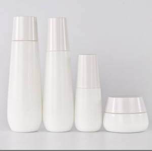 Bamboo Cosmetic Jars - Opal White Glass Bottle And Cream Jar With Trapezium Lidopal  – Uzone