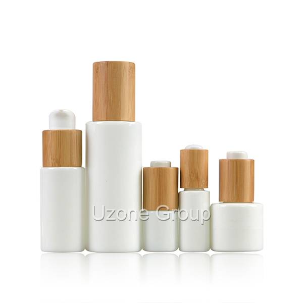Opal White Glass Bottle With Bamboo/Rubber Wooden Cap/Dropper/Pump Featured Image