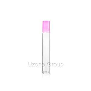 Clear glass roller on bottle with pink screw cap