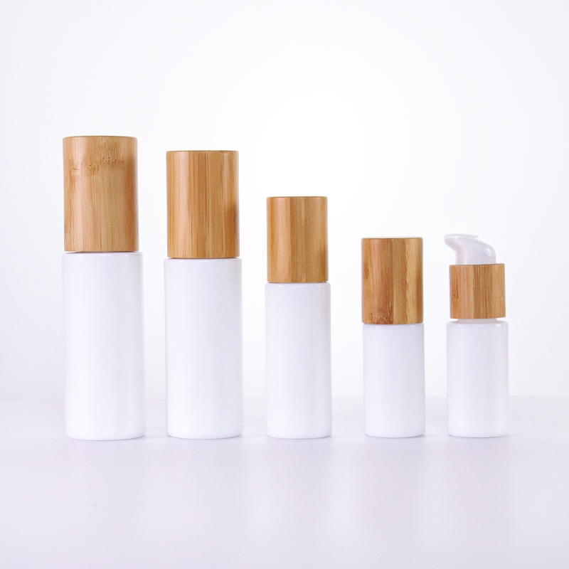 Discount wholesale Glass Bottle With Wooden Cap - Wholesale opal white round 10ml 30ml 40ml 50ml 100ml 120ml glass bottle with bamboo lotion pump and lids – Uzone