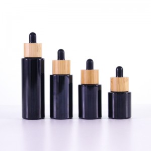 Cosmetic oil serum black glass bottle with bamboo dropper 20ml 30ml 40ml 60ml bamboo dropper bottle