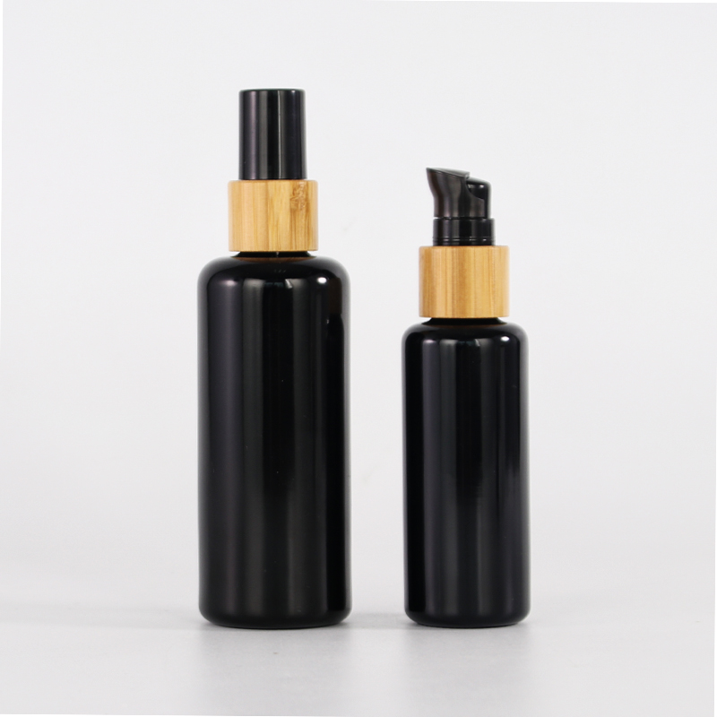 Classic Black glass bottle with natural bamboo pump and sprayer Featured Image