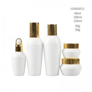 Opal White Glass Bottle And Cream Jar Wite Golden Lid/Dropper
