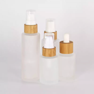 Hot Frosted Clear Round Glass Body Lotion Bottle with bamboo pump dropper spray Wooden Bamboo cap