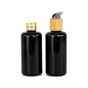 200ml opaque black round shoulder glossy glass lotion bottle