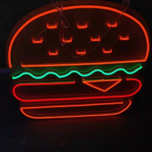 Placas neon de hambúrguer na parede deco4
