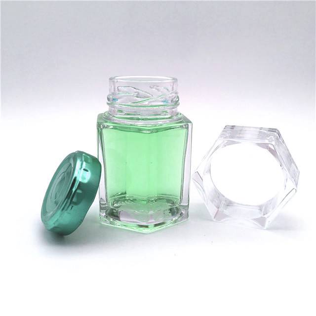 Light luxury hexagon 80ml glass pills bottle with tin lid and plastic lid